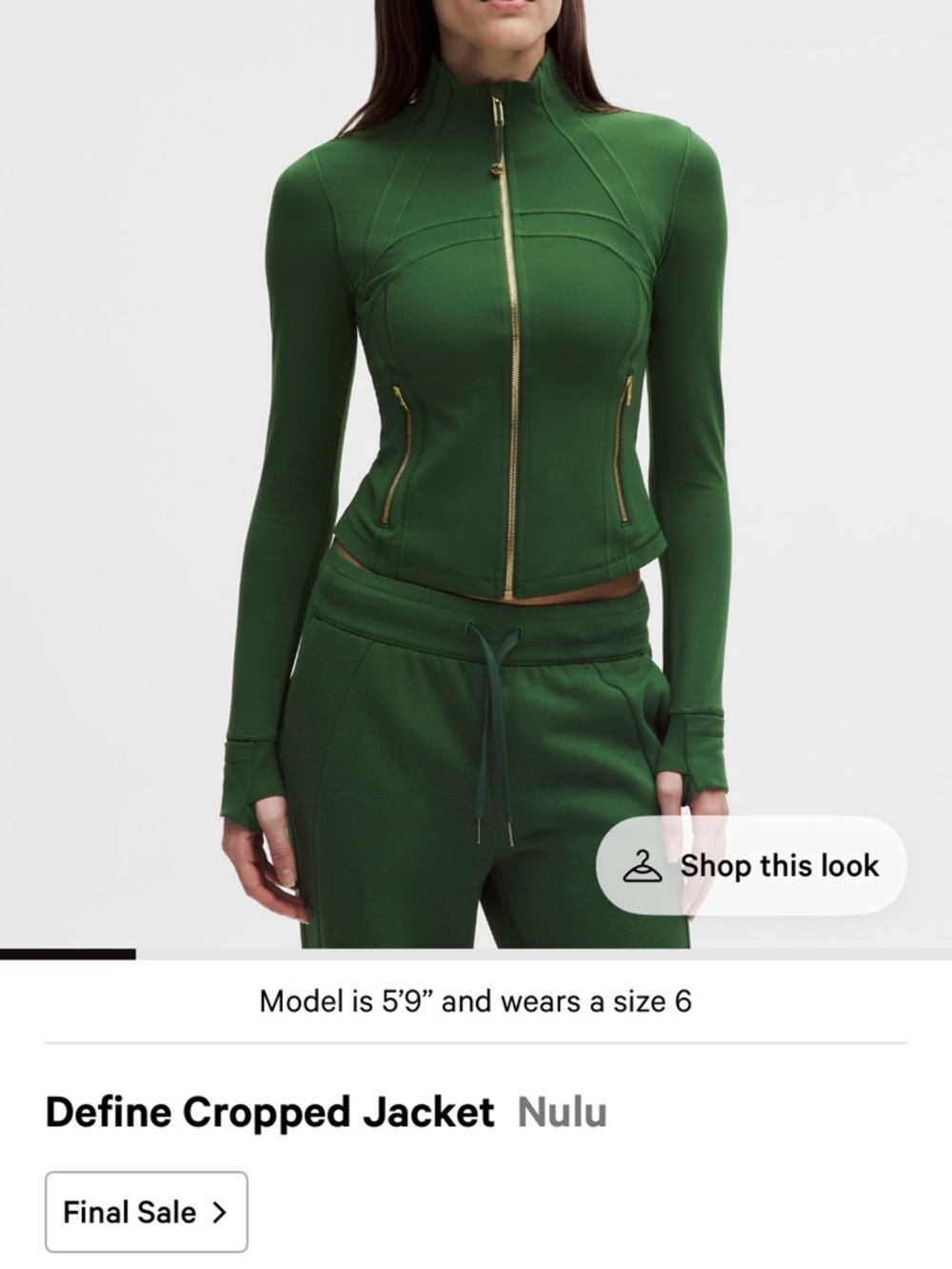 lululemon athletica Define Cropped Jacket in Forest Green with Gold Zippers